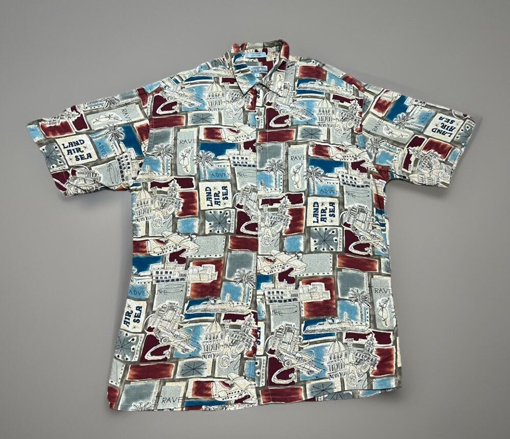 Campia Vtg 90s Land Sea Air Travel Adventure Hawaiian Camp Shirt Mens L Casual